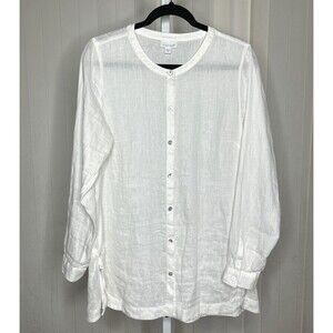 J Jill Women White Shirt Love Linen Button Up Side Ties Long Sleeves Boho Size M